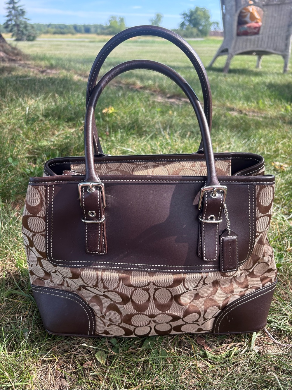 Authentic Coach Hampton Signature Jacquard Tote Brown Leather Trim Shoulder Bag